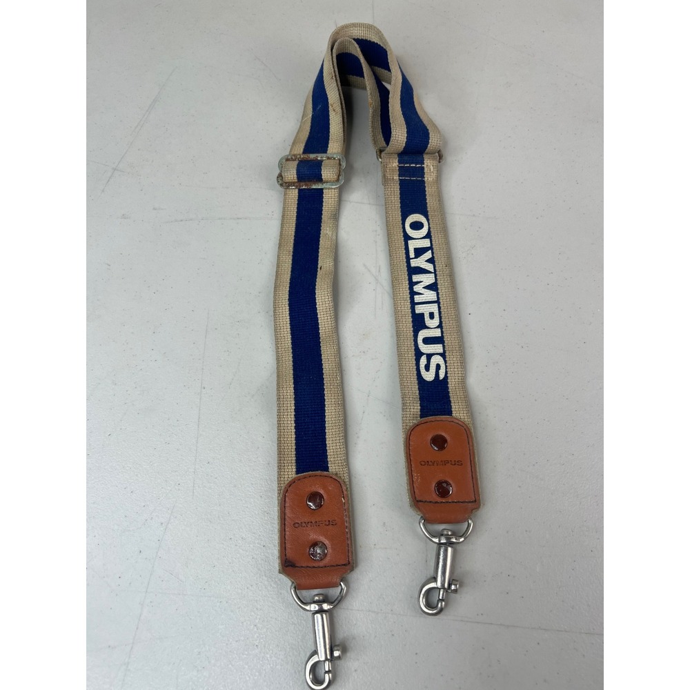 Vintage Olympus Camera Neck Strap Woven Canvas Blue Cream Stripe Leather Ends